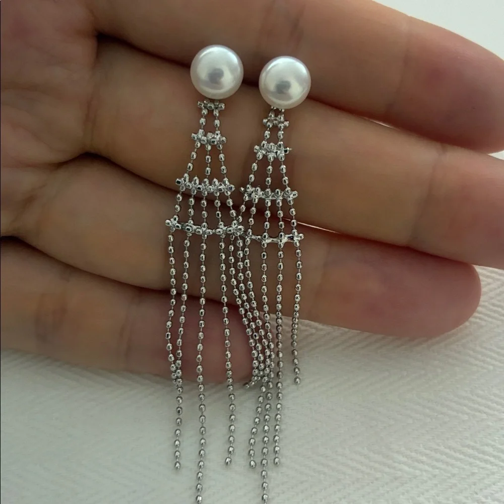 Pearl Tassel Earrings | Sterling Silver Posts | Holiday Elegant Gift for Her - Picture 5 of 7